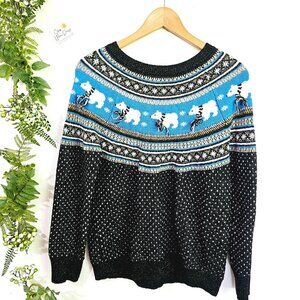 Holiday Christmas Polar‎ Bear Knit Sweater Black/Blue Sz XL Unisex 《935》J